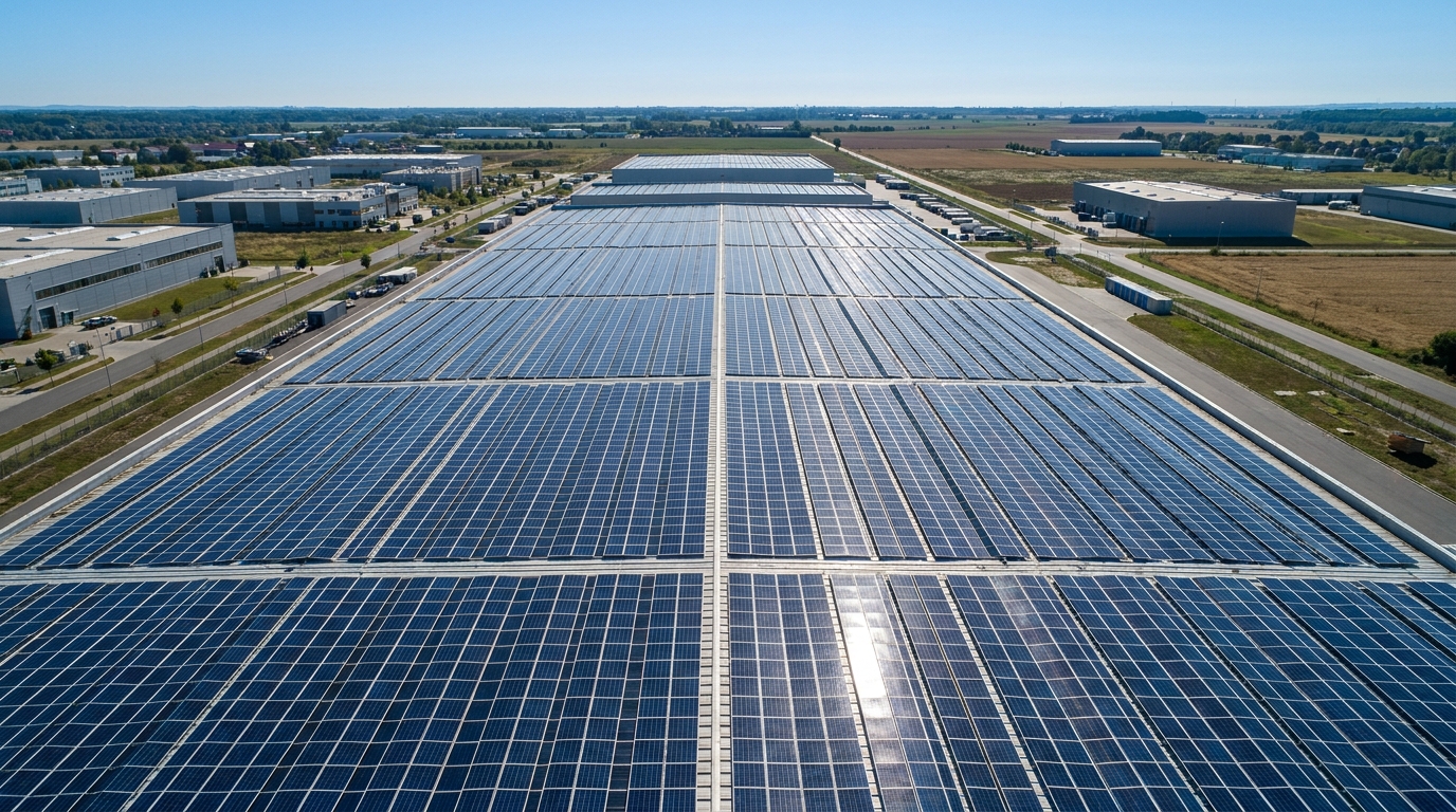 Toiture industrielle équipée de panneaux solaires